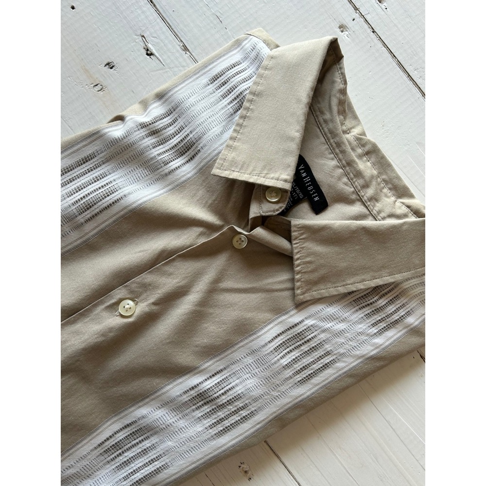 Van Heusen Mens XL Tan Short Sleeve Button Down Striped Panel Camp Shirt